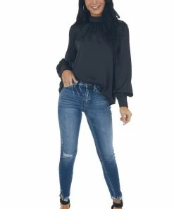 She + Sky Black Button Cuff Long Sleeve Textured Blouse