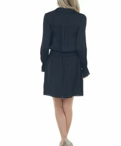 NAKED ZEBRA Dresses Black Button Up Long Sleeve Collared Dress