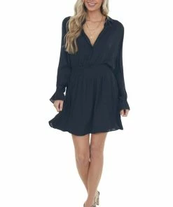 NAKED ZEBRA Dresses Black Button Up Long Sleeve Collared Dress