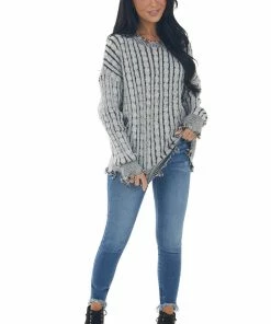 BiBi Black Cable Knit Distressed Trim Sweater