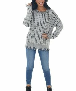 BiBi Black Cable Knit Distressed Trim Sweater