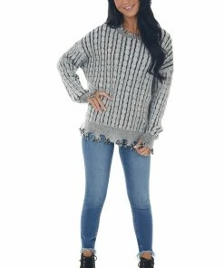 BiBi Black Cable Knit Distressed Trim Sweater