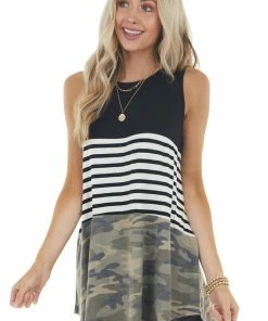 HEIMISH Black Camo And Stripe Colorblock Knit Tunic Tank Top
