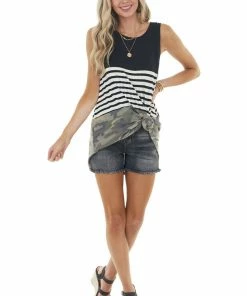 HEIMISH Black Camo And Stripe Colorblock Knit Tunic Tank Top