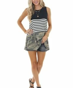 HEIMISH Black Camo And Stripe Colorblock Knit Tunic Tank Top