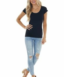 Nikibiki Black Cap Sleeve Stretchy Scoop Neck Tee Tops