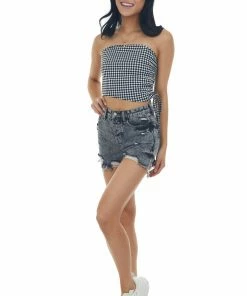 LE LIS Tops Black Checkered Strapless Ruched Side Top