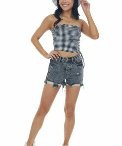LE LIS Tops Black Checkered Strapless Ruched Side Top