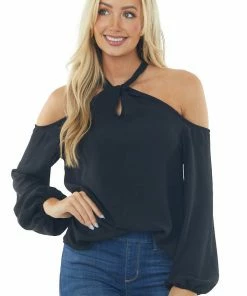 Lime Lush Black Cold Shoulder Bubble Sleeve Halter Top