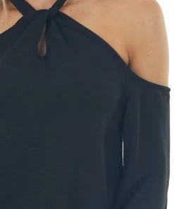 Lime Lush Black Cold Shoulder Bubble Sleeve Halter Top