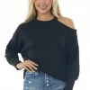Fantastic Fawn Tops Black Cold Shoulder Fuzzy Banded Sweater