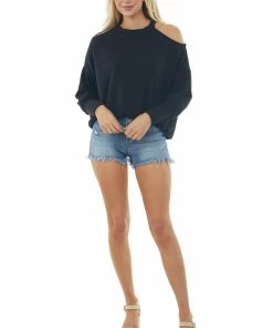 Fantastic Fawn Tops Black Cold Shoulder Fuzzy Banded Sweater