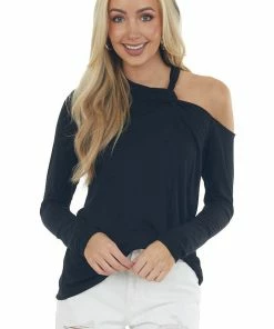 143 Story Black Cold Shoulder Long Sleeve Knit Top