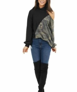 BiBi Black Cold Shoulder Long Sleeve Top With Camouflage Contrast Tops