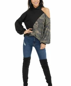 BiBi Black Cold Shoulder Long Sleeve Top With Camouflage Contrast Tops