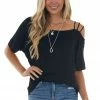 BiBi Black Cold Strapped Shoulder Soft Knit Short Sleeve Top Tops 1 BiBi Black Cold Strapped Shoulder Soft Knit Short Sleeve Top Tops