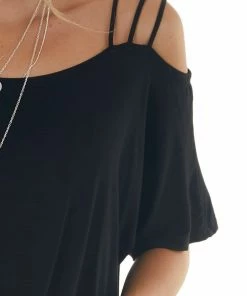 BiBi Black Cold Strapped Shoulder Soft Knit Short Sleeve Top Tops