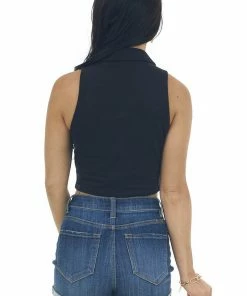 HYFVE Black Collared Sleeveless Knit Crop Top Tops