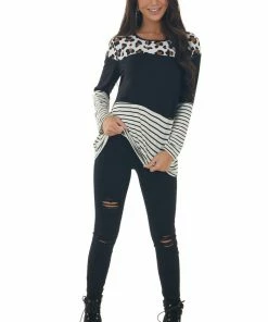 HEIMISH Black Colorblock Leopard Print Long Sleeve Top