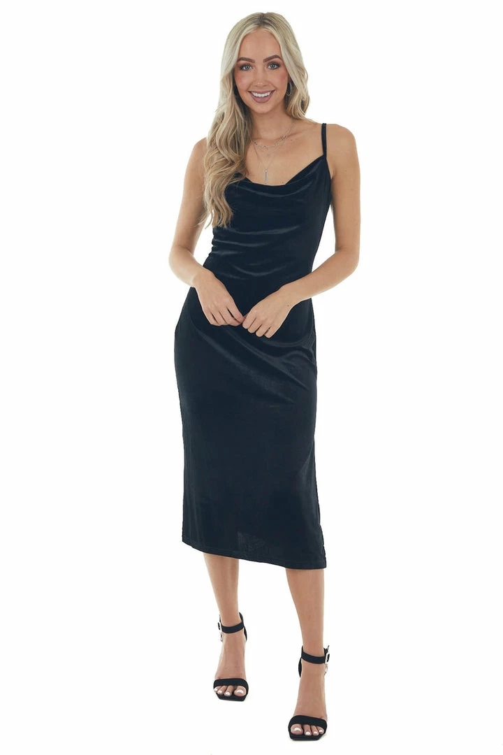 She + Sky Dresses Black Cowl Neck Sleeveless Velvet Midi Dress 4 She + Sky Dresses Black Cowl Neck Sleeveless Velvet Midi Dress