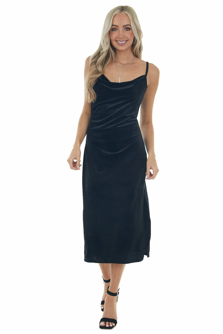 She + Sky Dresses Black Cowl Neck Sleeveless Velvet Midi Dress 5 She + Sky Dresses Black Cowl Neck Sleeveless Velvet Midi Dress