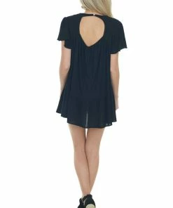 Davi & Dani Tops Black Crochet Lace Yoke Back Cut Out Flowy Top