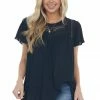 Davi & Dani Tops Black Crochet Lace Yoke Back Cut Out Flowy Top