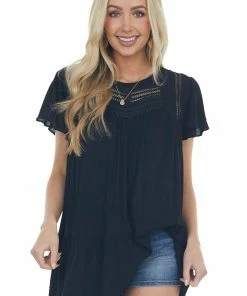 Davi & Dani Tops Black Crochet Lace Yoke Back Cut Out Flowy Top