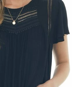 Davi & Dani Tops Black Crochet Lace Yoke Back Cut Out Flowy Top