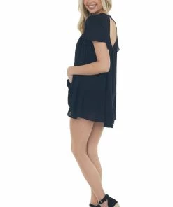 Davi & Dani Tops Black Crochet Lace Yoke Back Cut Out Flowy Top