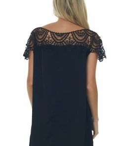 BiBi Black Crochet Lace Yoke Woven Shift Dress Dresses