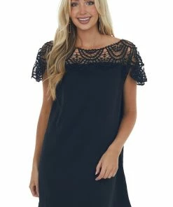 BiBi Black Crochet Lace Yoke Woven Shift Dress Dresses