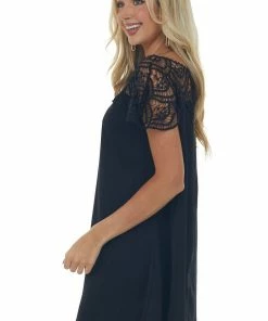 BiBi Black Crochet Lace Yoke Woven Shift Dress Dresses