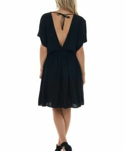 J.NNA Black Crochet Lace Short Sleeve Surplice Dress