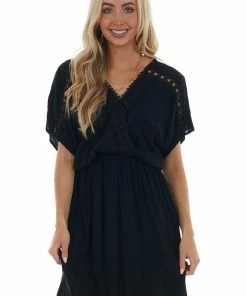 J.NNA Black Crochet Lace Short Sleeve Surplice Dress