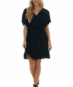 J.NNA Black Crochet Lace Short Sleeve Surplice Dress