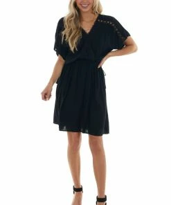 J.NNA Black Crochet Lace Short Sleeve Surplice Dress