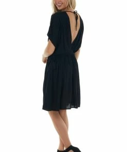 J.NNA Black Crochet Lace Short Sleeve Surplice Dress