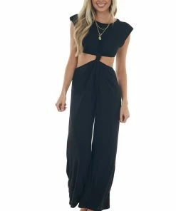 Lush Clothing Dresses Black Cut Out Front Knot Sleeveless Jumpsuit