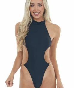 Mermaid Swimwear Black Cut Out One Piece Gold Chain Swimsuit Accessories