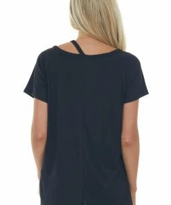 Haptics Tops Black Cut Out Strap Neck Wide Ribbed Knit Top
