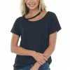 Haptics Tops Black Cut Out Strap Neck Wide Ribbed Knit Top