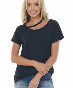 Haptics Tops Black Cut Out Strap Neck Wide Ribbed Knit Top