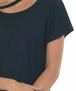 Haptics Tops Black Cut Out Strap Neck Wide Ribbed Knit Top