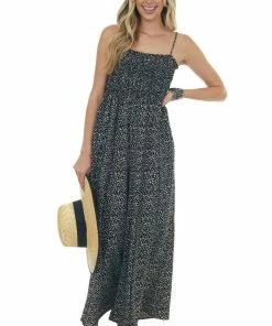 Hailey & Co Black Dalmatian Smocked Wide Pant Jumpsuit