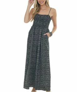 Hailey & Co Black Dalmatian Smocked Wide Pant Jumpsuit