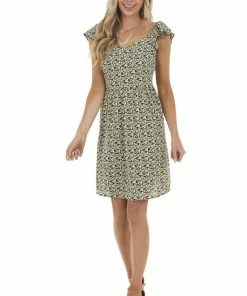 Ces Femme Black Ditsy Floral Short Dress With Back Smocked Detail