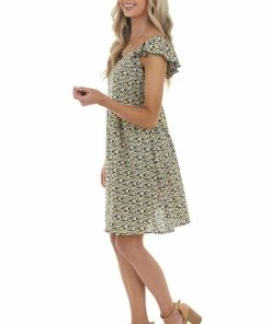 Ces Femme Black Ditsy Floral Short Dress With Back Smocked Detail