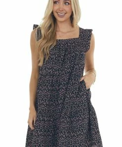 Ces Femme Dresses Black Ditsy Floral Textured Square Neck Dress