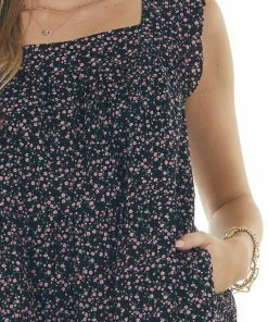 Ces Femme Dresses Black Ditsy Floral Textured Square Neck Dress